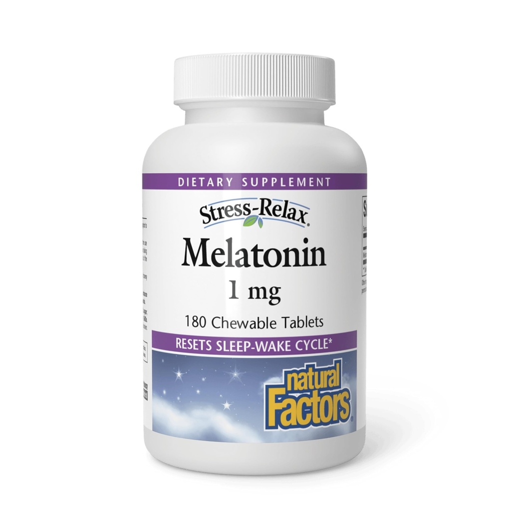 Stress-Relax Melatonin 1 mg by Natural Factors, Natural Sleep Aid, Resets the Sleep-Wake Cycle, 180 compresse masticabili (180 porzioni), Peppermint Flavor