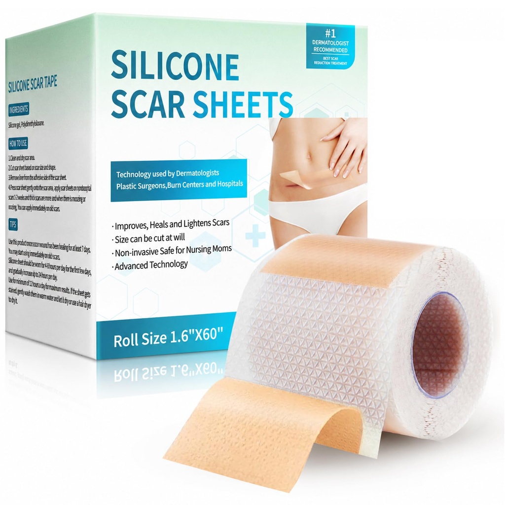 Fogli per cicatrici in silicone, Nastro per cicatrici in silicone(1.6”x 60” Roll-1.5M), Strisce per cicatrici in silicone, Fogli professionali per cicatrici chirurgiche, Keloid, C-Section, Burn et