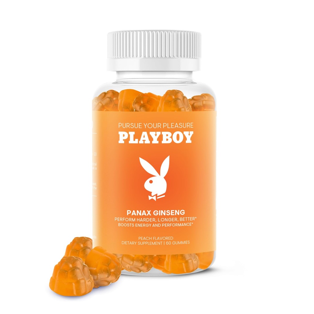 Playboy – Ginseng Gummies (60 Count - Peach Flavored) - Perform Harder, Più lungo, Meglio - Panax Ginseng Integratore Gomma per Uomini e Donne - 100% Naturale, Vegan Non GMO Ginseng Root 6:1 Estratto