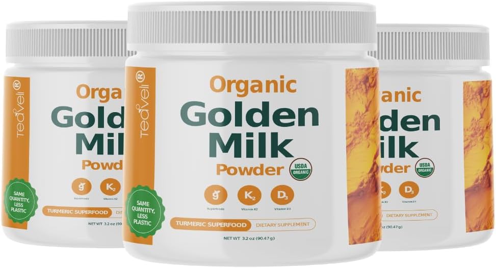 Polvere di latte d'oro organica con vitamine D3 & K2, curcuma, zenzero, curcumina, cannella, KSM66 Ashwagandha, basilico santo e prebiotici naturali– Delizioso tè erborico non zuccherato - 3 confezione