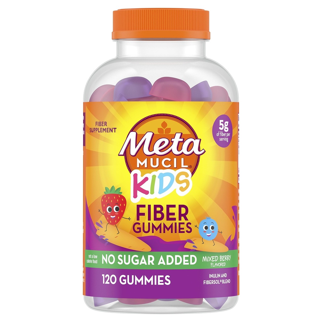 Metamucil Kids Fiber Gummies, No Sugar Aggiunto, 5g Prebiotic Plant-Based Fiber Supplement Blend, Misto di bacche aromatizzate, 120ct Gummies