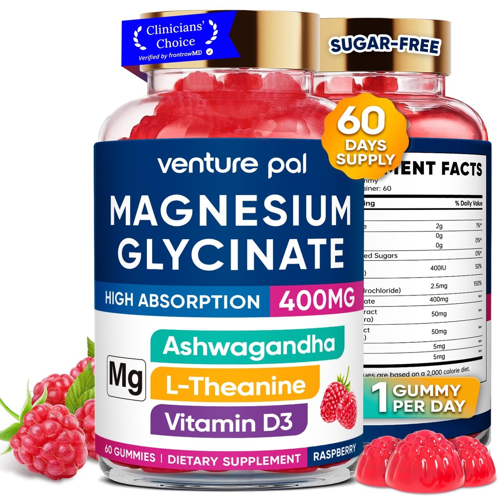 60 giorni di alimentazione Magnesio Glycinate 400mg Gummies con Ashwagandha, L-teanina, CoQ10, Vitamina D3 & B6, Zucchero gratis Magnesio Gummies per adulti e bambini, Rilievo di stress, Sonno & Calma, Vegan, Gluten Free