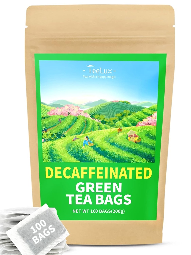 TeeLux Decaf sacchetti di tè verde, tè verde decaffeinato puro, antiossidante eccellente, 100 Conte Borse di tè per tè caldo e freddo