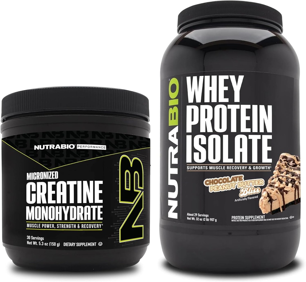 NutraBio Creatina monoidrato, non aromatizzato, 150g e proteine del siero, burro di arachidi al cioccolato, supplemento Bundle - energia muscolare, crescita muscolare magra, recupero e resistenza
