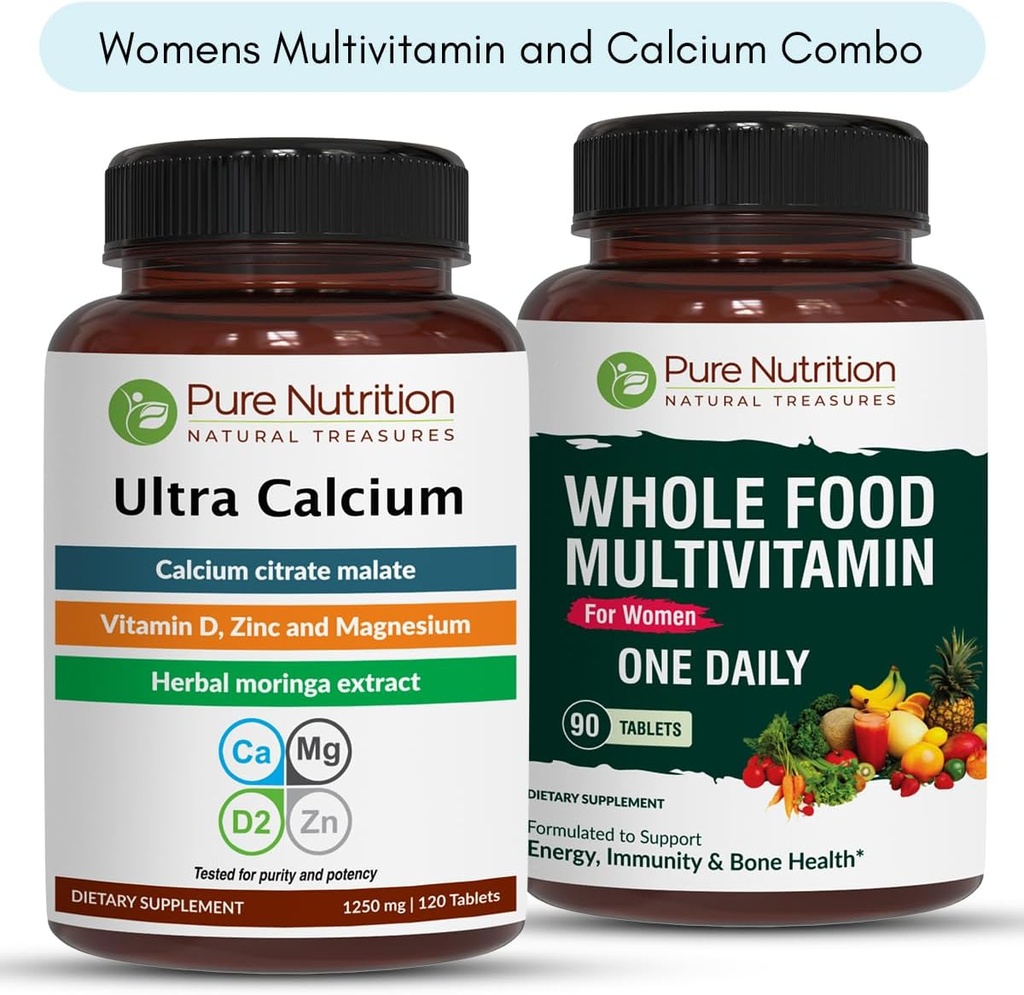 Pure Nutrition Ultra Calcium 1000mg e Whole Foods Womens Multivitamins 1500mg per le ossa sane, le articolazioni e il benessere generale. Ultra Calcium 120 Tabs + Donne Multivitaminici 90 Tab.