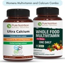 Pure Nutrition Ultra Calcium 1000mg e Whole Foods Womens Multivitamins 1500mg per le ossa sane, le articolazioni e il benessere generale. Ultra Calcium 120 Tabs + Donne Multivitaminici 90 Tab.