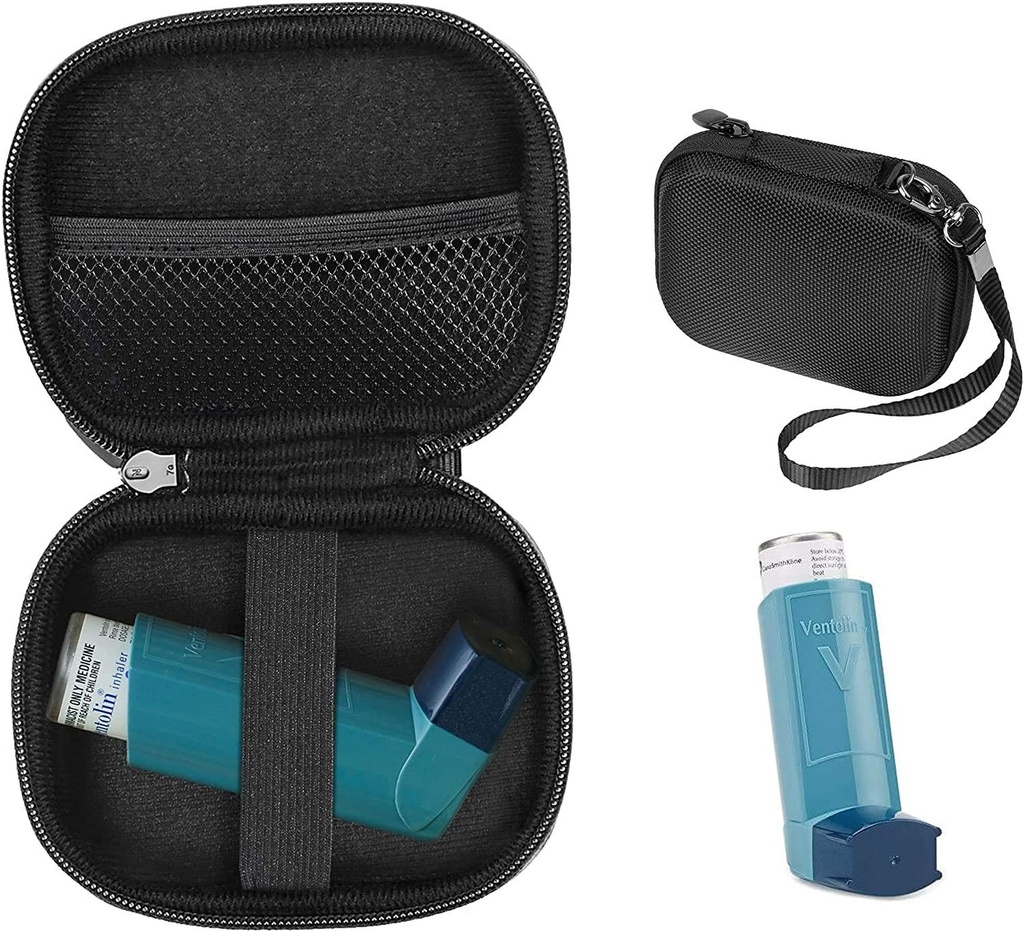Caso CaseSack Asthma Inhaler Holder, caso compatto e robusto per Handy Inhaler per adulti e bambini, con Camere per Pillole e altri Essentials (nero)