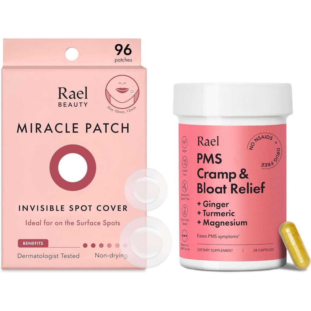 Rael Bundle - Invisible Spot Cover Pimple Patches (96 Count) & PMS Supplemento per le donne (28 capsule)