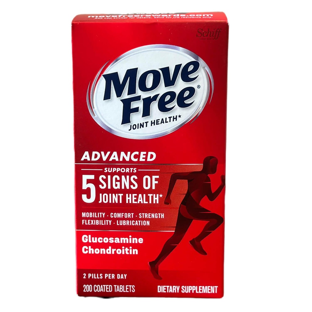 Move Free Advanced Glucosamine Chondroitin + Calcium Fructoborate Joint Support Supplement, Supports Mobility Comfort Strength Flessibilità & Lubrication - 200 Compresse (100 Serve)*