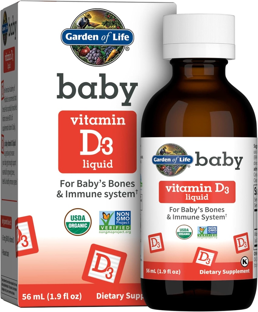 Giardino della vita Baby Vitamin D3 Liquido, 600 IU (15 mcg) Liquido biologico Vitamina D per neonati e bambini, Supporto per il sistema Bones & Immune del bambino, Gluten Free & Non-GMO, 56 mL (1.9 fl oz) Liquido