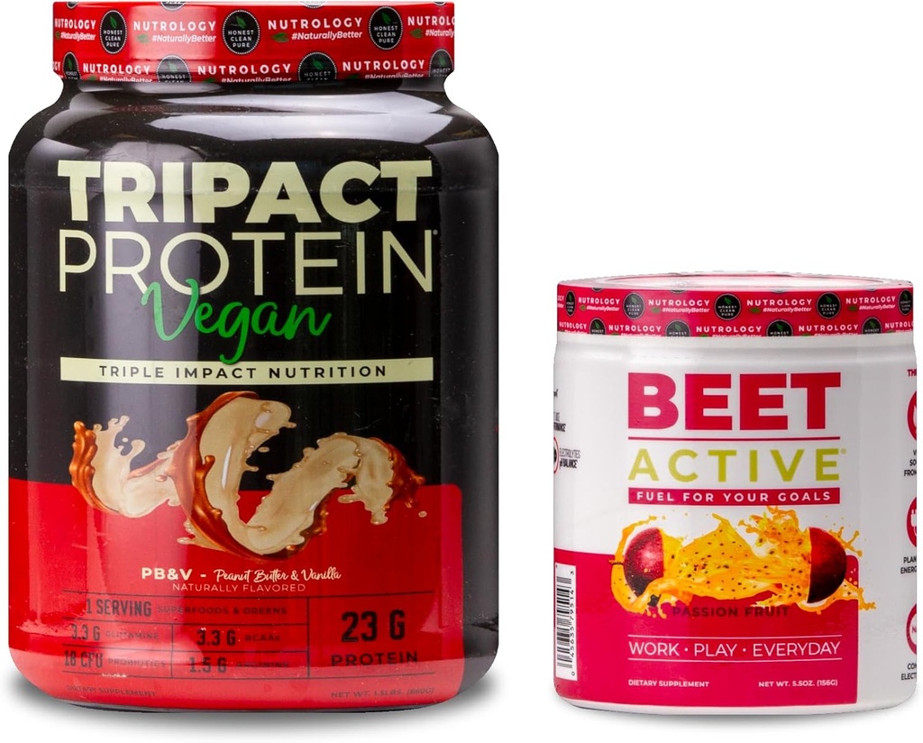 Nutrologia TRIPACT Vegan Protein Powder, per Vegan Protein Shakes, Peanut Butter Vanilla (20 Serve) & Beet Active, Natural Pre-Workout Powder, Passion Fruit Flavor (30 Serve)