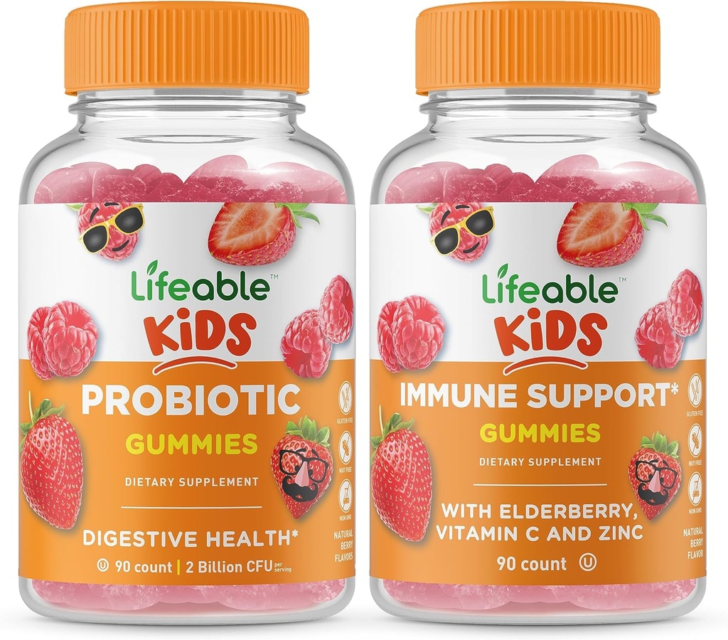 Probiotico Lifeable 2 miliardi di CFU Bambini + Supporto Immune Bambini, Gummies Bundle - Grande Degustazione, Integratore di vitamina, Senza glutine, OGM Free, Gomma Chewable