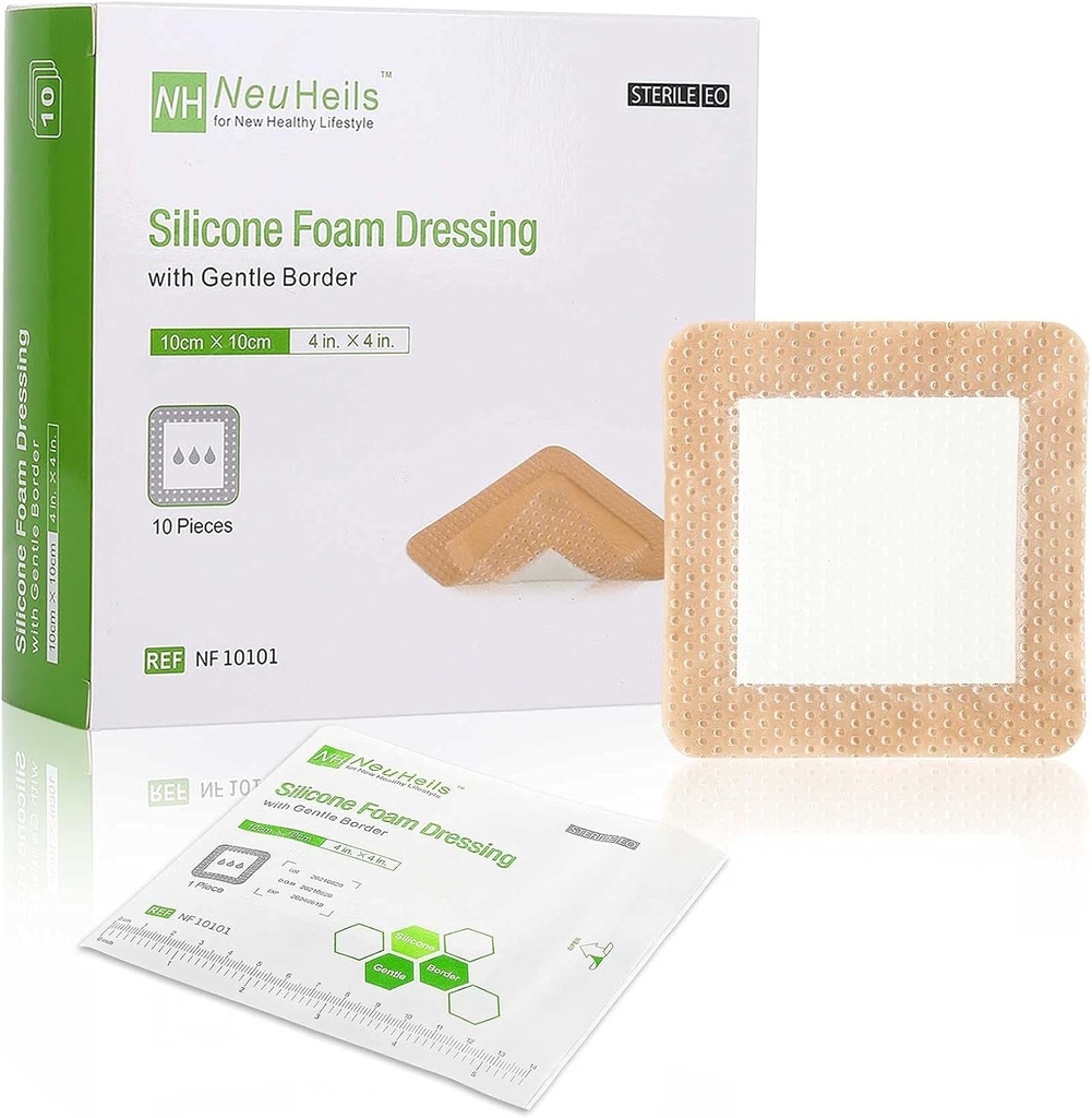 NeuHeils Silicone Adhesive Foam Dressing con bordo sottile 4'x4''' per letto Sore Leg Ulcer 10 Pack, fascia impermeabile in silicone impermeabile ad alta assorbenza