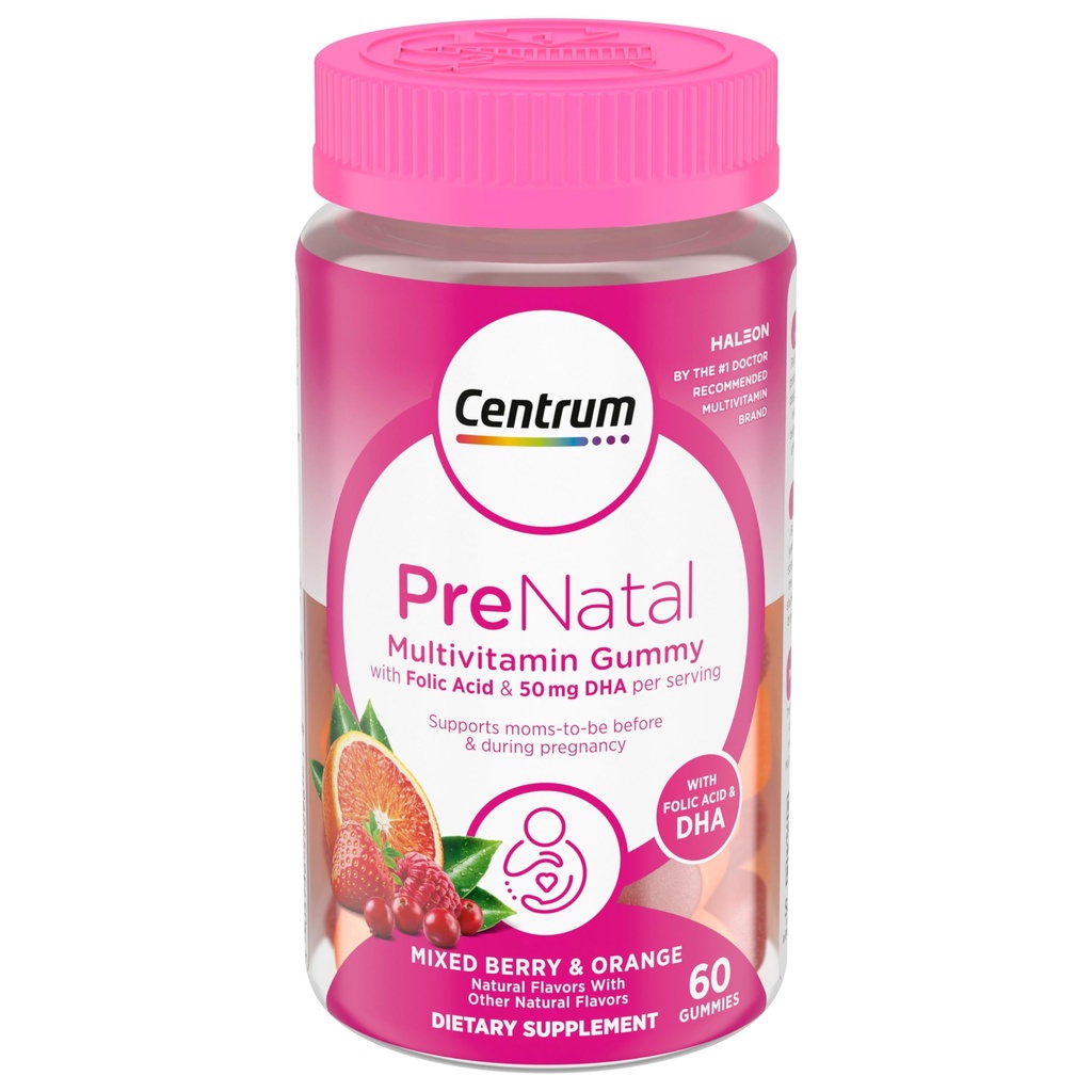 Gummie Multivitaminiche Prenatali Centrum con acido DHA e folico, bacche miste e aromi arancio - 60 Conte, alimentazione di 30 giorni
