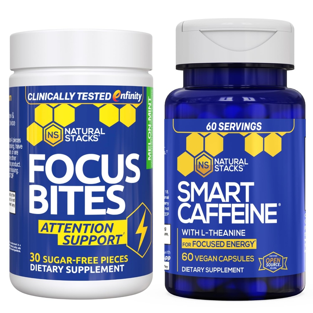 NATURAL STACKS Smart Caffeine + Focus Bites Bundle - Integratori di caffeina e paraxantina - Supporta energia e messa a fuoco* - No Jitters o Crash - 90 pezzi