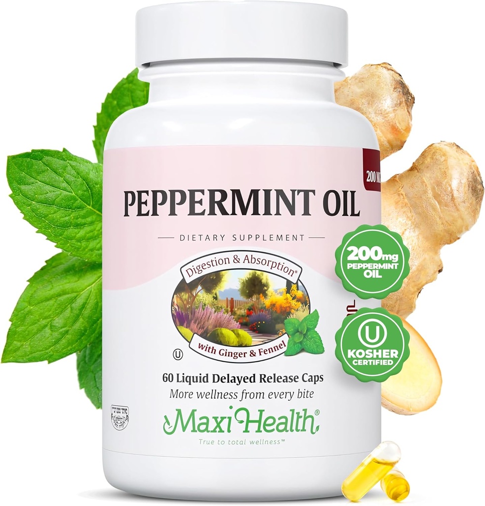 Maxi Health Peppermint olio capsule – Olio di zenzero organico & Fennel Delayed Release Capsule – Integratore alimentare Kosher Peppermint per il supporto digestivo (60 capsule)
