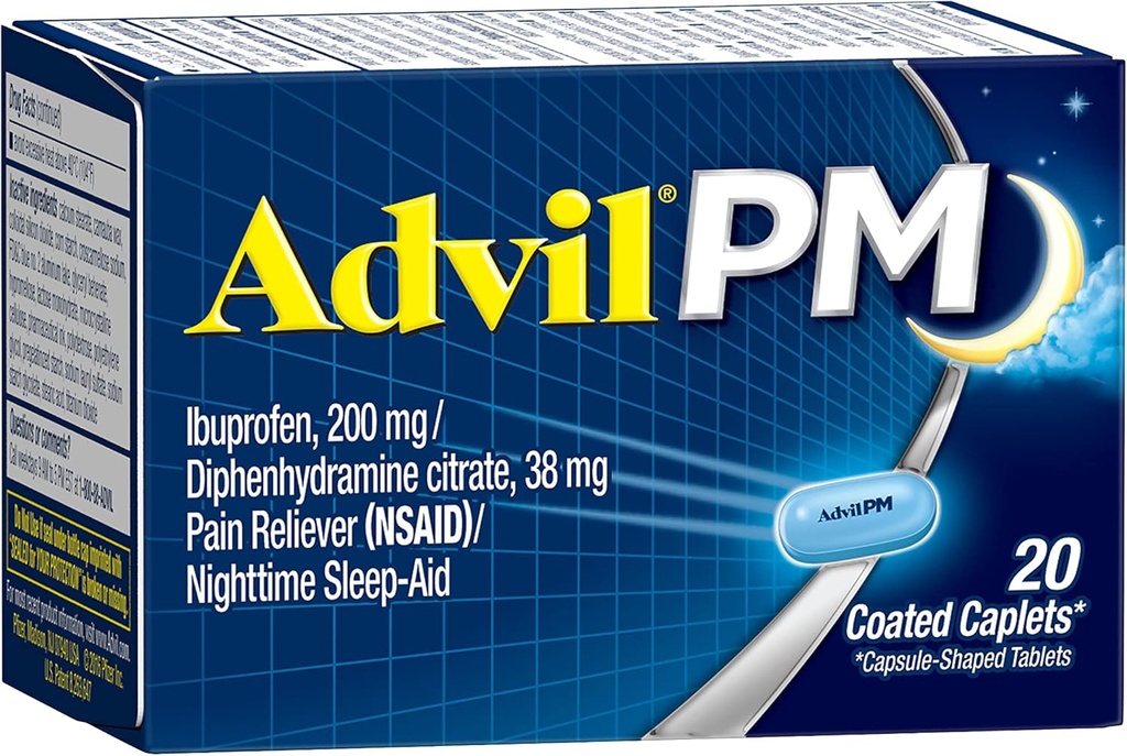Advil PM (20 Conte) dolore Reliever/Nighttime Sleep Aid Coated Caplet, 200mg Ibuprofen, 38mg Diphenhydramine