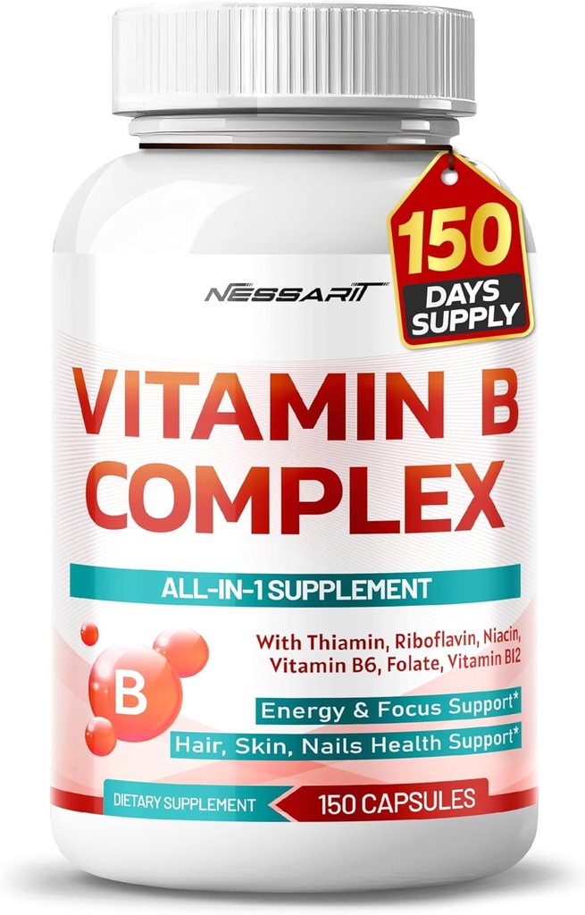 Vitamina B Complex - Alta potenza con Thiamin, Riboflavin, Niacin Vitamina B6, Folate, Vitamina B12 -Energia, Focus, Capelli, Pelle, Supporto per Unghie - 150 Conteggio - Made & Tested negli Stati Uniti