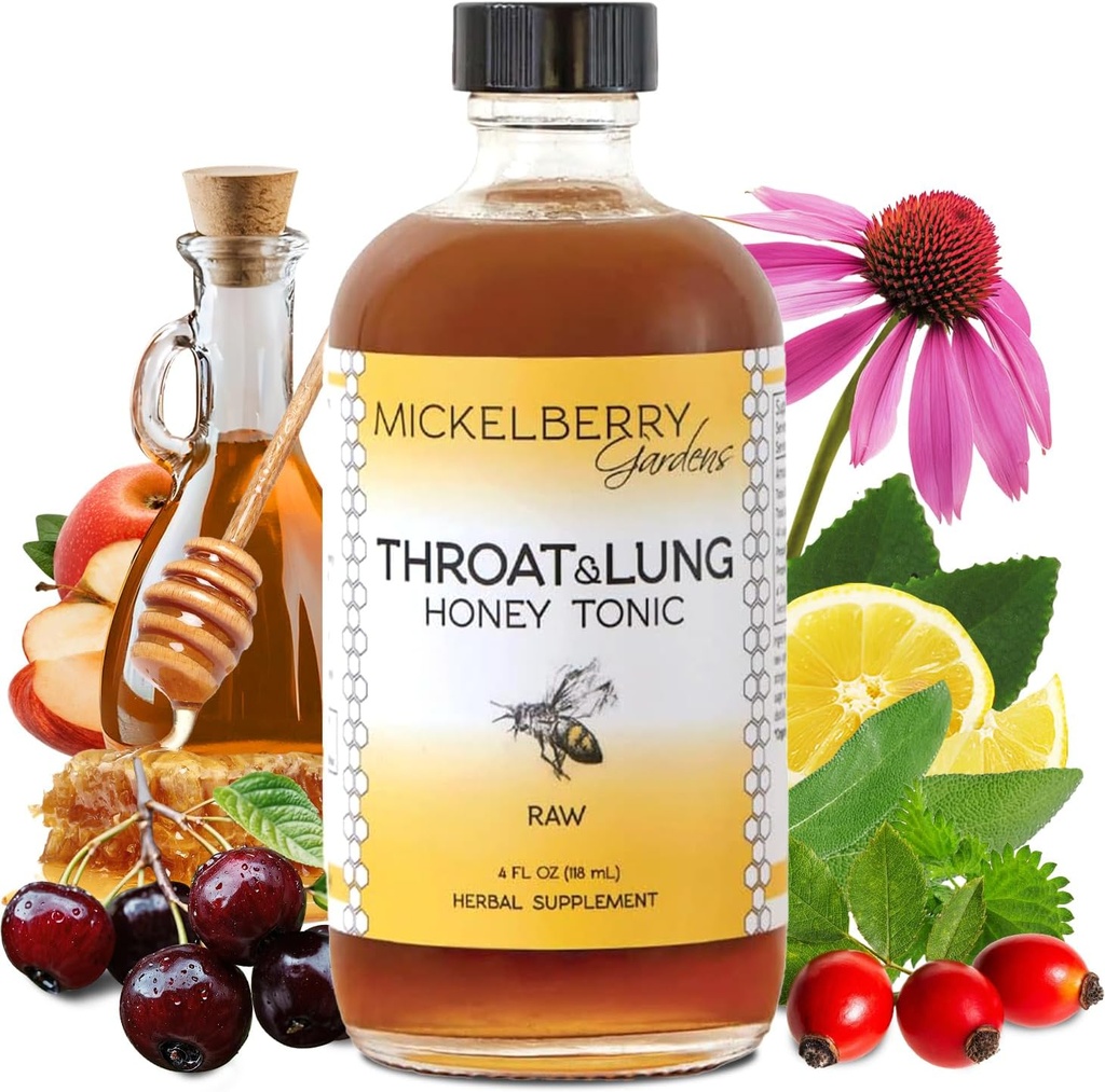Mickelberry Gardens Throat & Lung Honey Tonic: Wellness Syrup, Natural Sore Throat Relief, Supporto Immune & Cough Suppressant for Adults & Kids (4 oz)