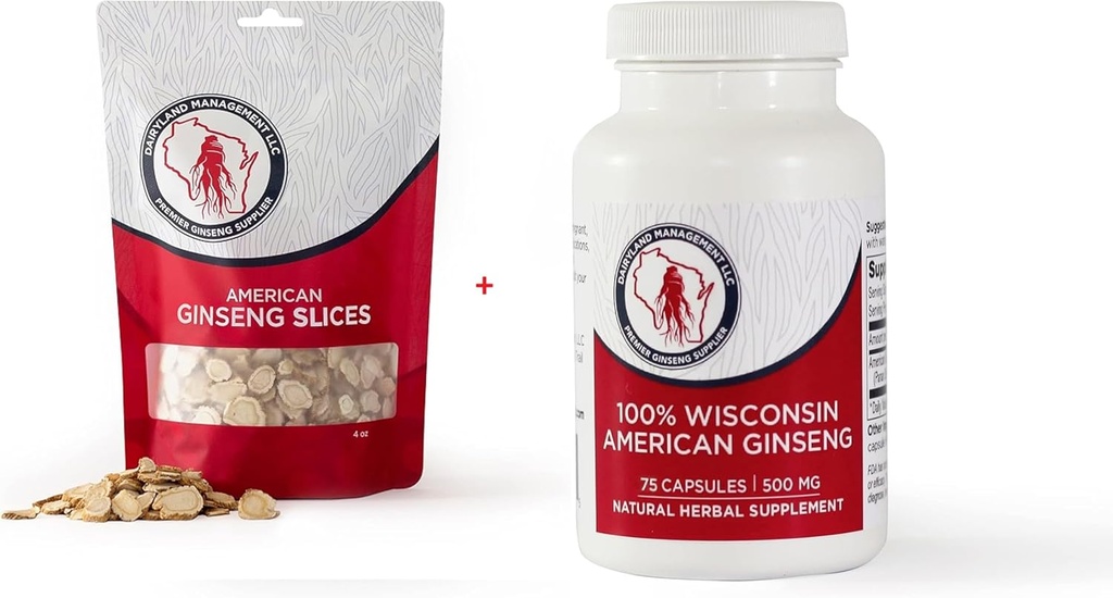 Dairyland American Ginseng Slices 4 oz e Capsule 75 ct Confezione di Wisconsin Ginseng – Direttamente dal Farmer al Consumatore