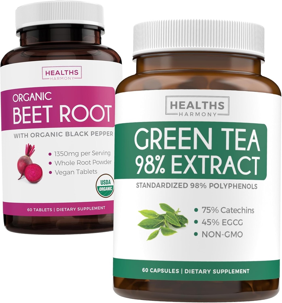 Radice di barbabietola & Estratto di tè verde (1-mese di alimentazione) Detox Power Duo - Radice di barbabietola organico con pepe nero per assorbimento 1250mg (60 compresse) & Estratto di tè verde 98% con EGCG 1000mg per servizio (60 caps)