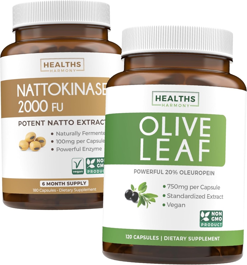 Nattokinase & Olive Leaf (6-Month Supply) Flow & Wellness Mix - Nattokinase 2000 FU Potente Soia naturalmente Fermentata (6-Month Supply) & Olive Leaf Extract Super Strength con 20% Oleuropein