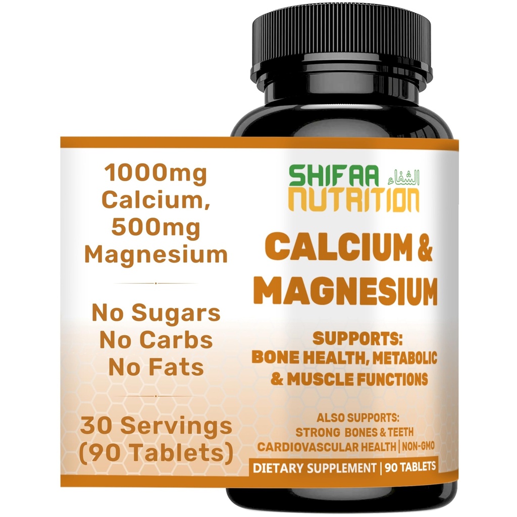 SHIFAA NUTRITION Halal Calcium Magnesium Supplement w/Vitamin D3 | Calcium 1.000 mg, Magnesio 500mg | 30 Serve, Non-GMO | Struttura & Bone Forza, Teeth, Cardiovascolare & Muscle Support