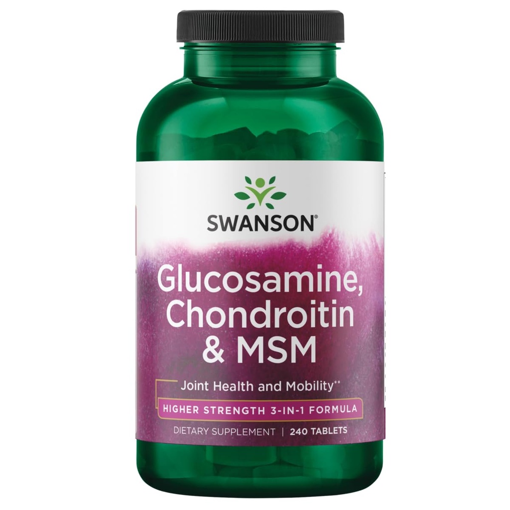 Swanson Glucosamine Chondroitin MSM (metilsulfonilmethane) 3-in-1 Formula Joint Mobility Flessibilità Comfort Cartilage Connective Tissue Health Support Dietary Supplement 240 Tablets (Tabs)