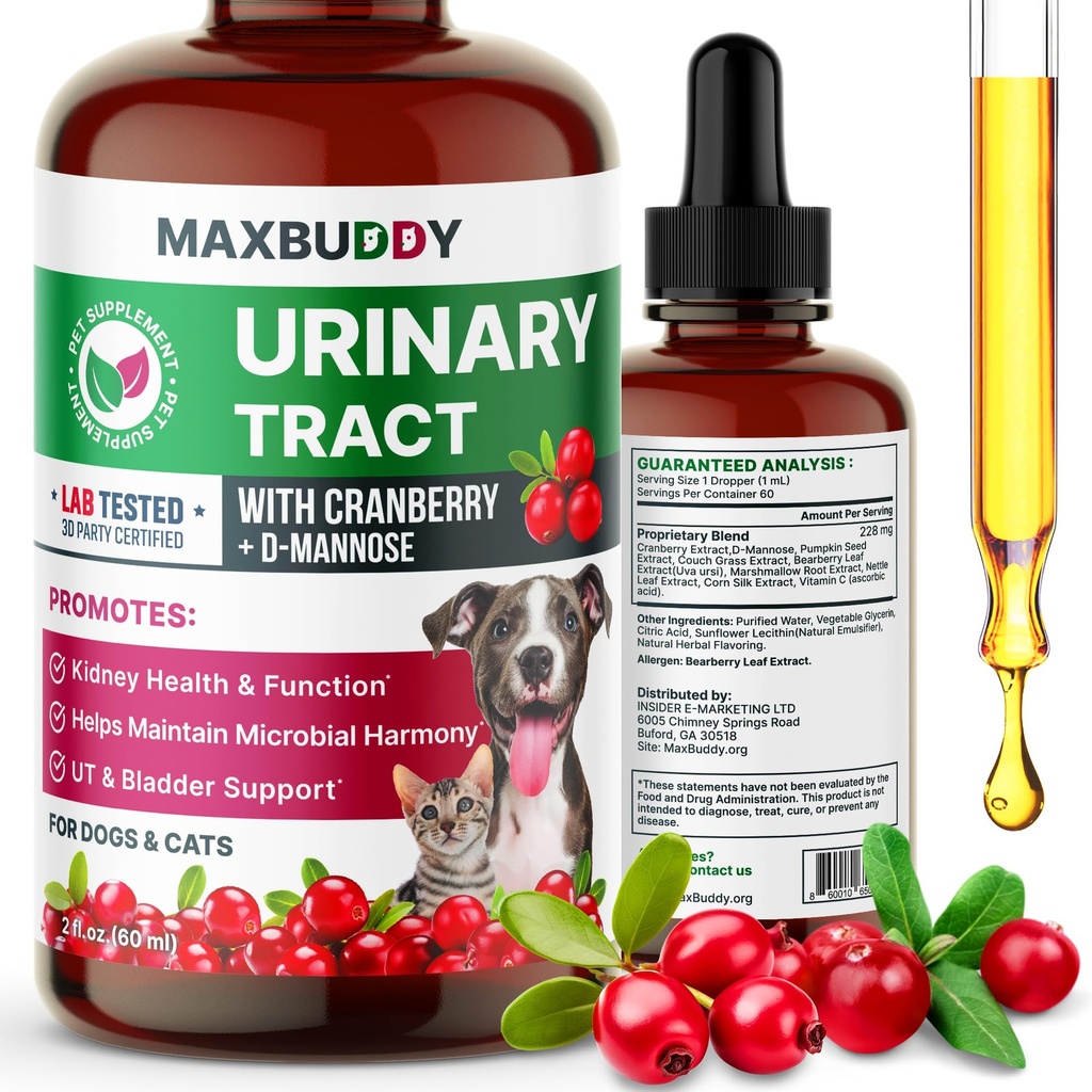 MaxBuddy Natural UTI Treatment Support - Cranberry Urinary Tract Infection Care & Prevention Assistance for Cats and Dogs - Gocce di supplemento benessere per reni e vesciche - Supporto per flusso di urina