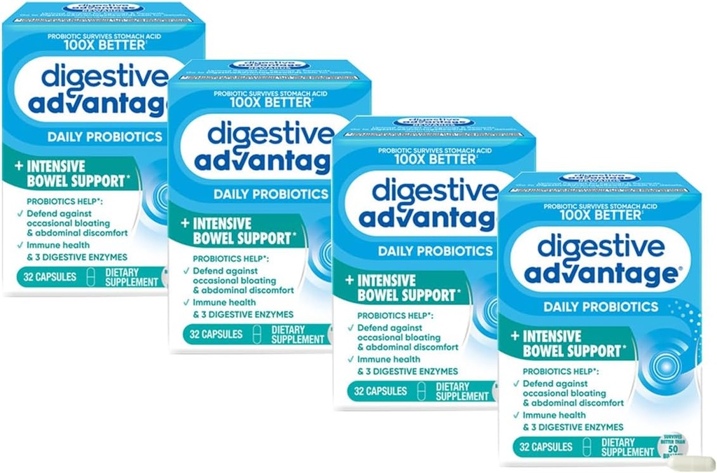 Vantaggio Digestivo Intensivo Bowel Support Probiotici Difende contro Gas & Bloating, 32 Conta capsule (4 Pack)