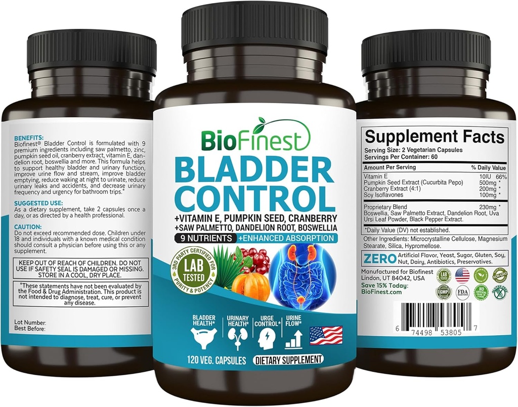 BioFinest Bladder Control Supplemento per Uomo e Donne - 120 Veg. Capsule - Saw Palmetto, Mirtillo, Semi di zucca, Vitamina E, Boswellia, Radice di Dandelion - Salute della vescica urinaria - Made in USA