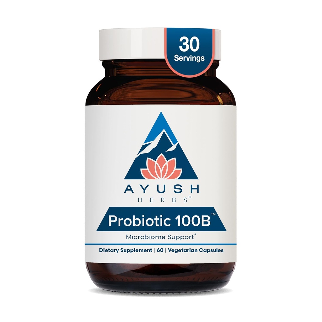 Ayush Herbs Probiotic 100B - Probiotici per le donne, Probiotici per gli uomini, Prebiotici e Probiotici per la salute digestiva, Rilievo di gas, Gut Microbiome Balance - 60 capsule vegetariane (1 Conte)