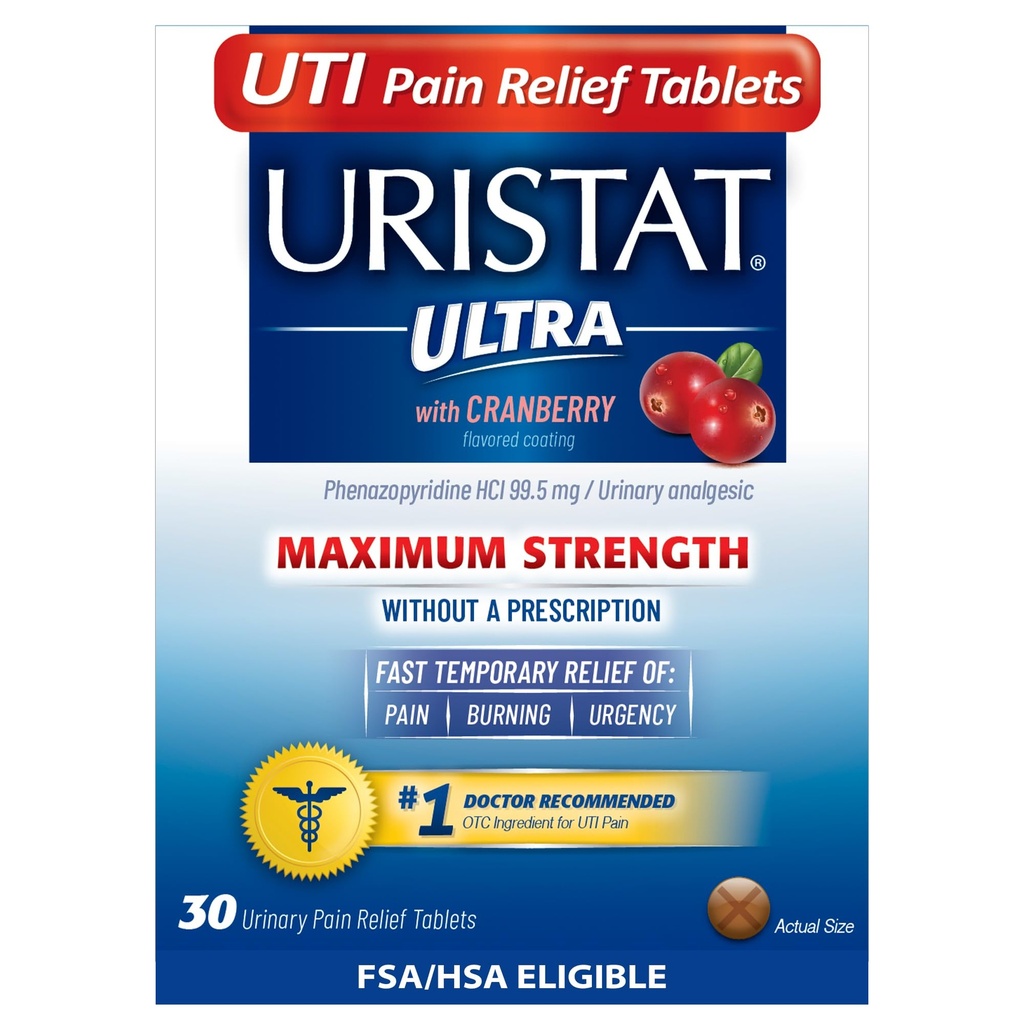 Tavolini antidolorifici Uristat Ultra UTI, Rilievo rapido dell'infezione del tratto urinario del dolore, bruciore, urgenza, massima resistenza, rivestimento aromatizzato al mirtillo, 30 compresse