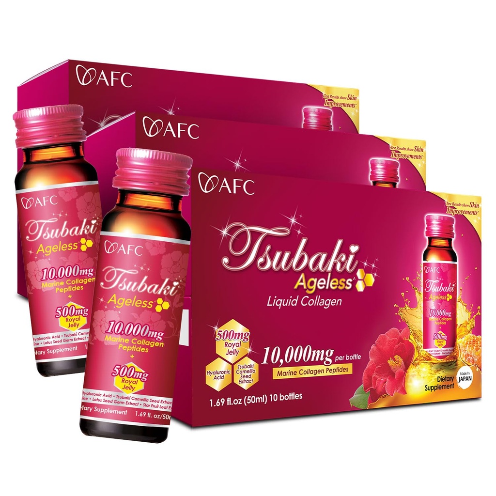 AFC Giappone Tsubaki Collage di bellezza senza età Bere dal Giappone con 10.000 mg Peptidi di collagene marino + 500 mg di gelatina reale + acido ialuronico + vitamina B & C per la rivitalizzazione della pelle 1.69fl.ozx10sx3