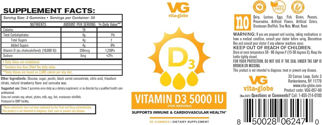 VITA GLOBE Vitamina D3 10.000IU 250mcg con Zinco e Gomma Echinacea - Supporta il sistema immunitario sano, ossa forti, denti e muscoli, 120 conteggio (Pack of 2)