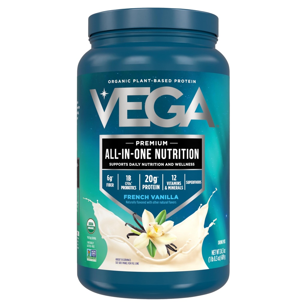 Vega Organic All-in-One Vegan Protein Powder, Vanilla Francese -Superfood Ingredienti, Vitamine per Supporto Immunità, Keto Friendly, Pea Protein per Donne & Uomini, 1.5 lbs (Pack of 1)