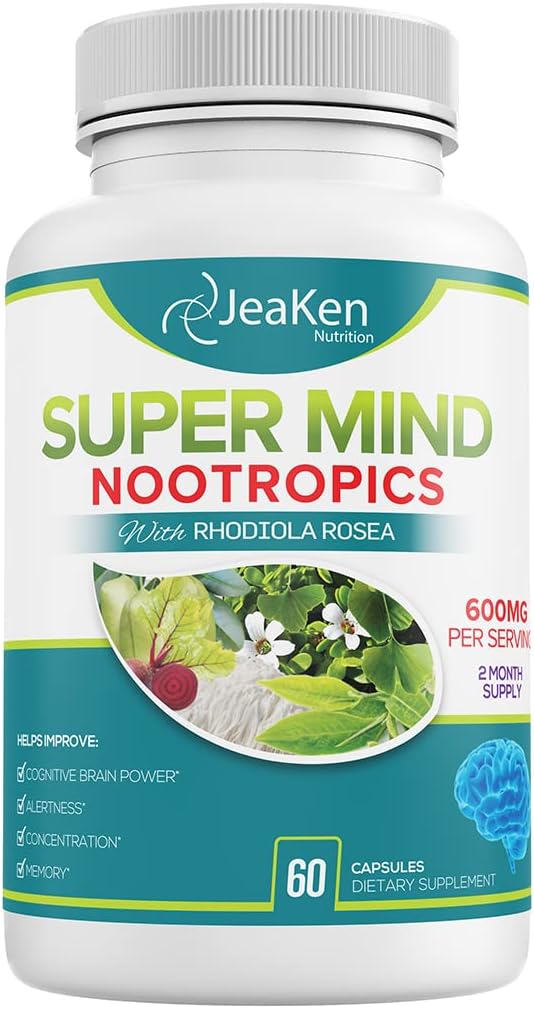 Super Mind - Nootropics Cognitive Enhancer - Brain Boost Supplemento con ingredienti naturali - Bacopa Monnieri - Rhodiola Rosea - Ginkgo Biloba - Vitamina B12-60 Vegan Capsule Made in USA