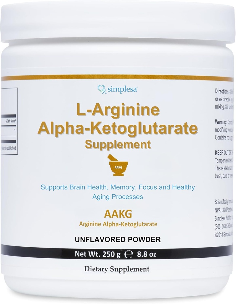 Simplesa AAKG Arginina Polvere, L-Arginina Alpha-Ketoglutarate Supplemento, 2000mg Per Serving, Supporta la salute del cervello, Memoria, Focus e processi di invecchiamento sano, 250g supplemento della polvere