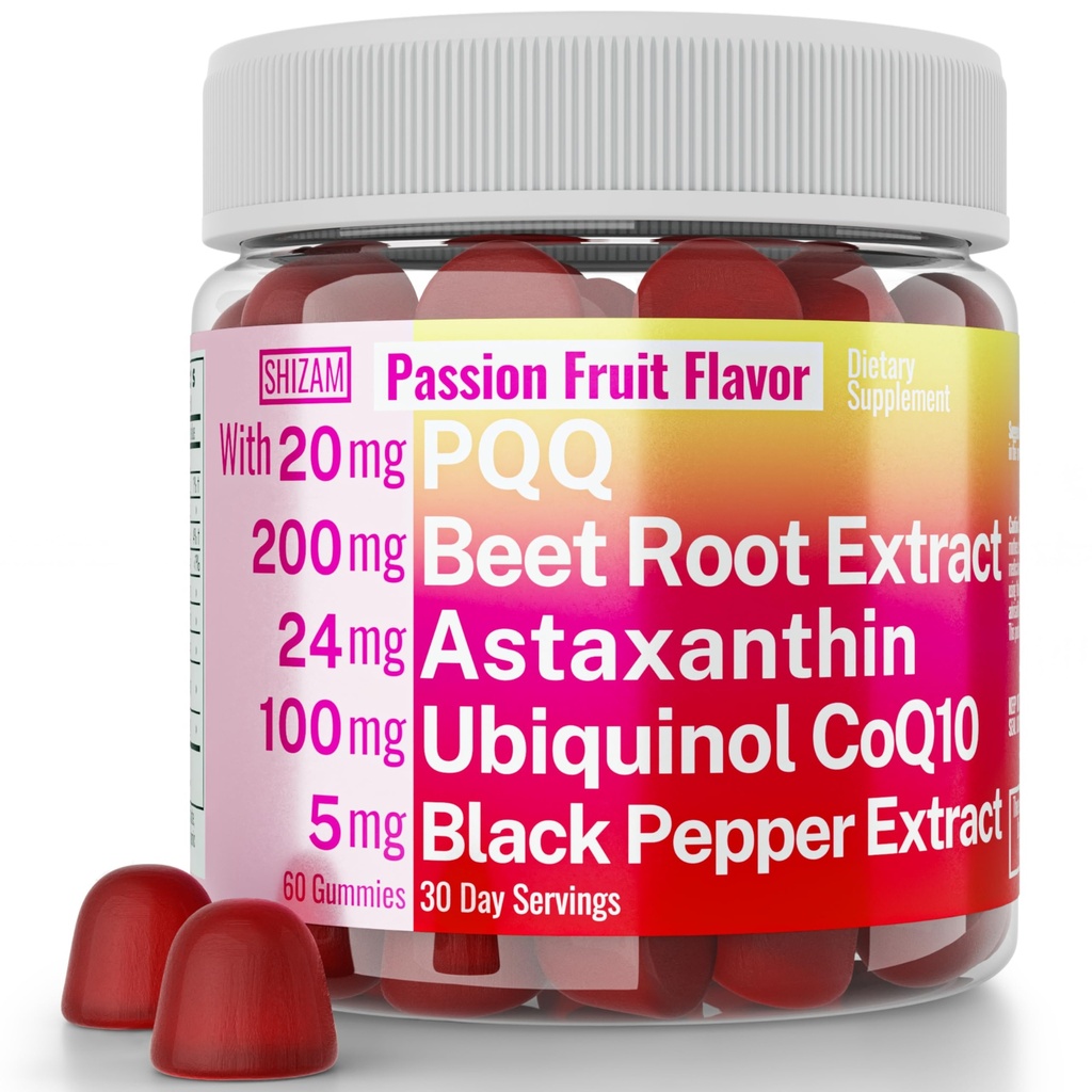 SHIZAM Ubiquinol CoQ10 PQQ Astaxanthin Beets Gummies, Super Mitocondrial ATP Integratori Soft Chews Liquid Pills Powder Alt, Beet-Root