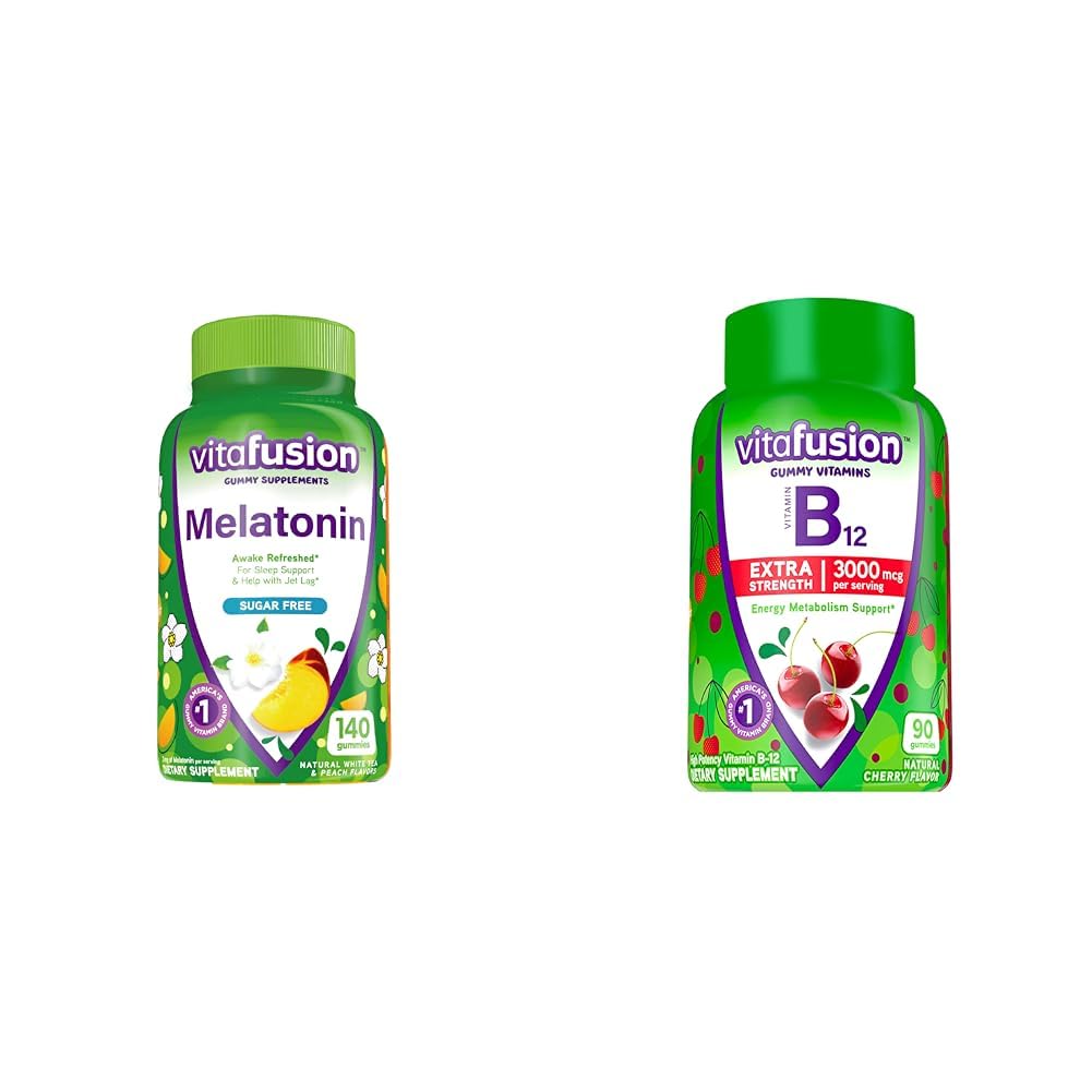 Vitafusion Melatonin 140 Conta e Vitamina B12 Gummy Vitamine, 90 Conte Cherry Flavor per il metabolismo energetico e il supporto del sistema nervoso