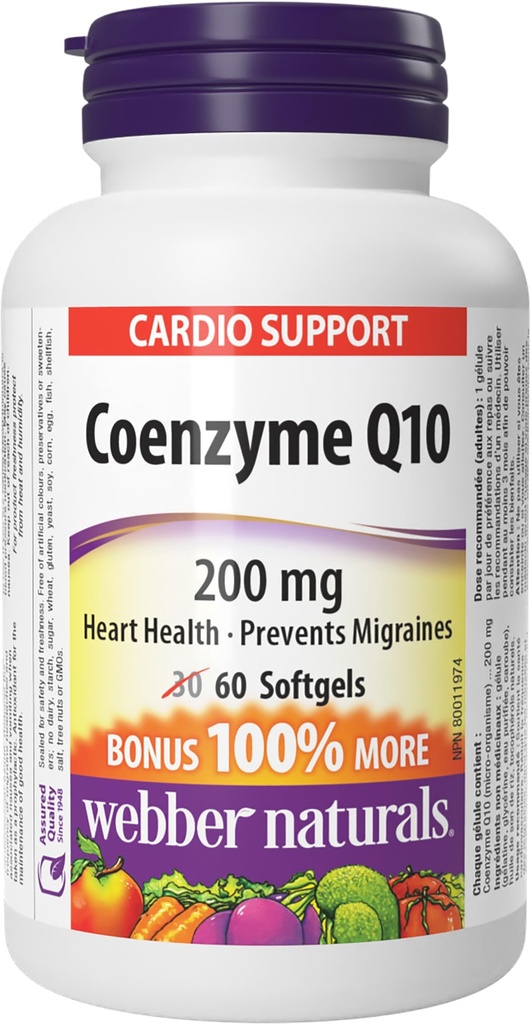 Webber Naturals Coenzyme Q10 (CoQ10) 200 mg, 60 Softgels, supplemento antiossidante ad alta potenza, per la salute del cuore e la produzione di energia cellulare, alimentazione di 60 giorni, senza glutine