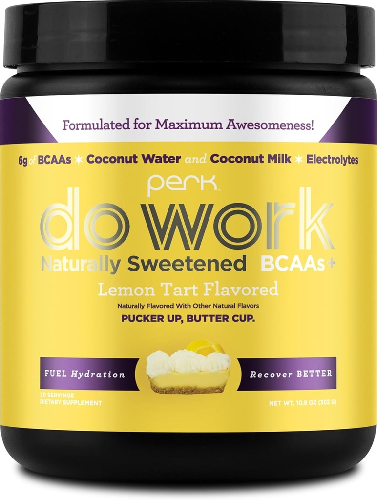 Perk Do lavoro BCAAs + polvere di elettroliti di idratazione (Naturally Sweetened Lemon Tart aromaed, 20 Servings) - con acqua di cocco e latte di cocco