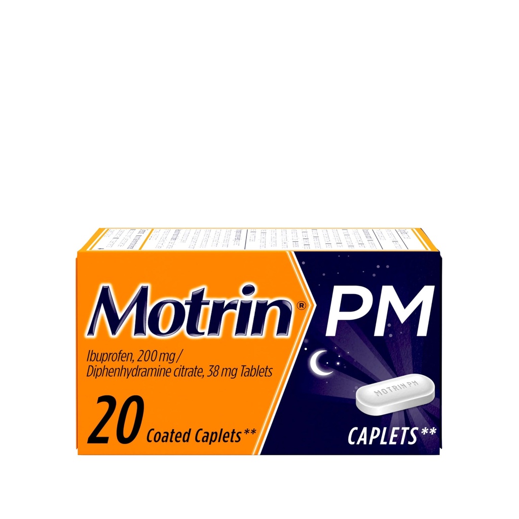 Motrin PM Pain Relief Caplets con 200 mg Ibuprofen & 38 mg Diphenhydramine Sleep Aid, Nighttime Pain Reliever per Minor Aches & Pains ti aiuta a cadere Asleep & Stay Asleep, 20 ct
