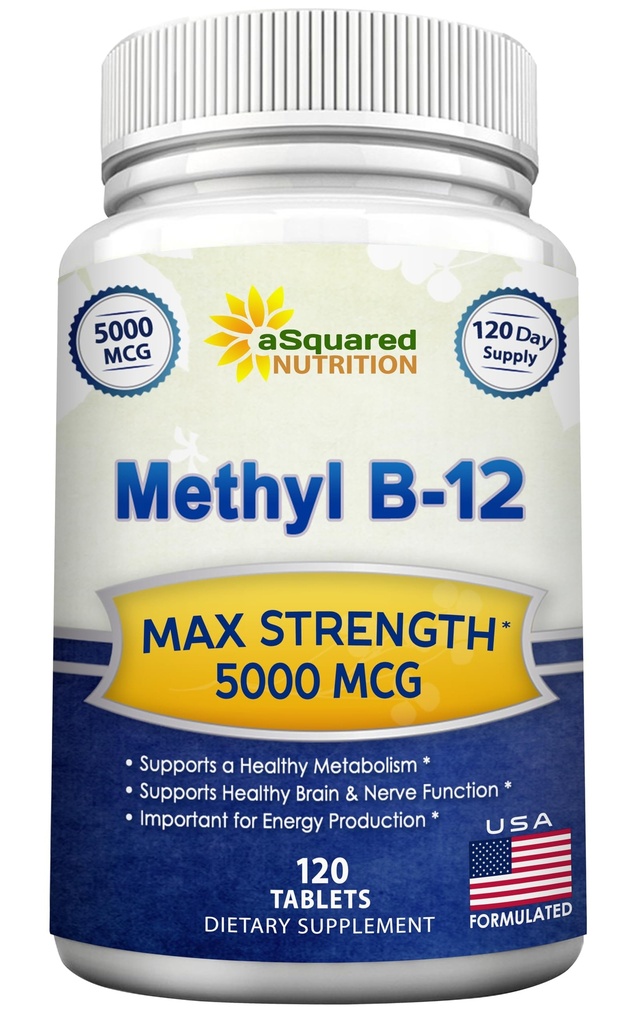 Vitamina B12-5000 MCG Integratore con Methylcobalamin (metil B-12) - Max Strength Vitamin B 12 Supporto per aiutare a migliorare l'energia naturale, Benefit cervello e funzione cardiaca - 120 compresse
