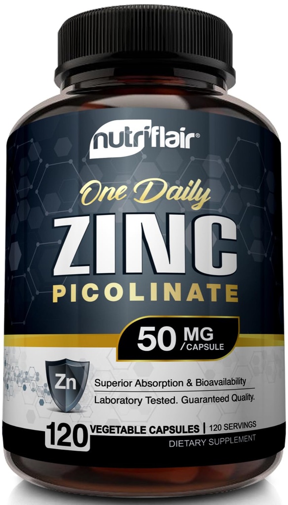 NutriFlair Zinc Picolinate 50mg, 120 Capsule - Pillole di supplemento di assorbimento massimo di zinco - Booster di sistema immunitario, difesa dell'immunità, potente antiossidante non OGM - Confronta con gluconato, citrato, ossido
