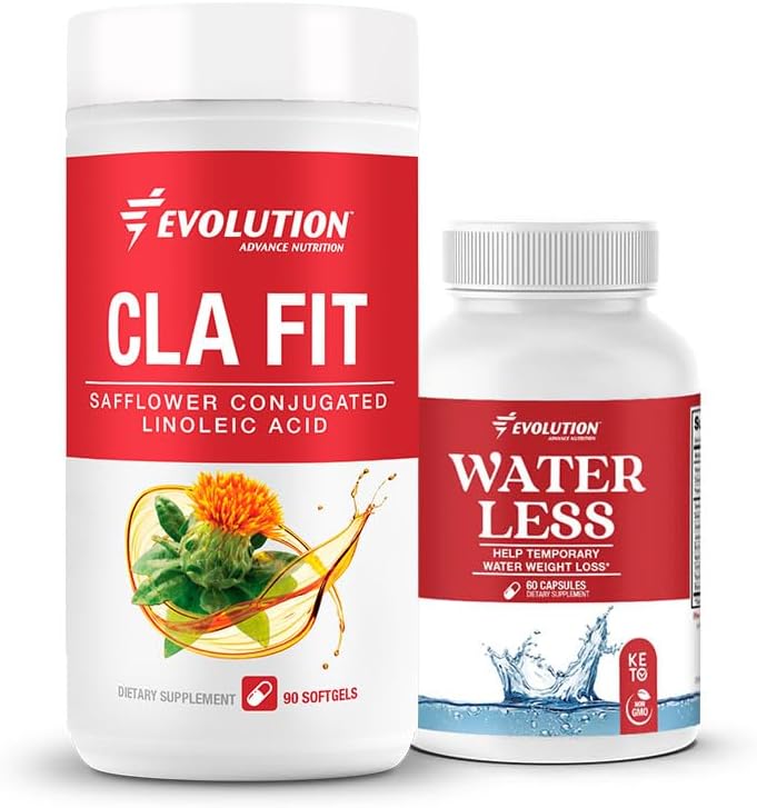 Evolution Advance Sport Nutrition CLA Fit – Safflower Conjugated Linoleic Acid Supplement, Support Lean Muscle Mass, Promote Energy (90 Softgels)+Water Less – Riduce la ritenzione idrica (60 capsule)