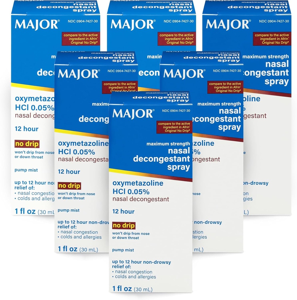 Spray di decongestione nasale di massima resistenza MAJOR, Oxymetazolina HCl 0.05% Pompa Mist, spray nasale non-Drowsy, fino a 12-Hour Rilievo da Congestione nasale, Colds e Allergies 1 Fl. Oz. (6-Pack)
