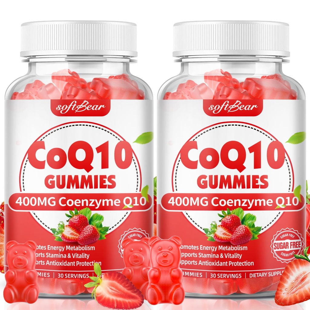 Softbear CoQ10 Gummies 400mg Coenzyme Q10 Supplemento per adulti, Alto assorbimento coq10 Plus Omega-3, Magnesio, Vitamina B3 & Zinc per l'energia cellulare e antiossidante, Sapore di fragola 120 Conte