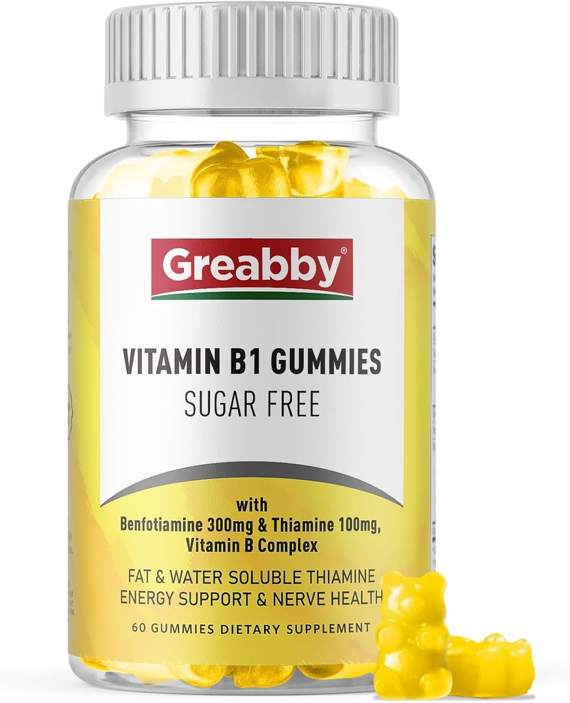 Vitamina B1 Gummies - Benfotiamine 300mg & Thiamine 100mg, Sugar Free, Vitamina B Complex Chewable Supplement, Energy Boost & Nervous System Health for Women Men, 60 Gummies