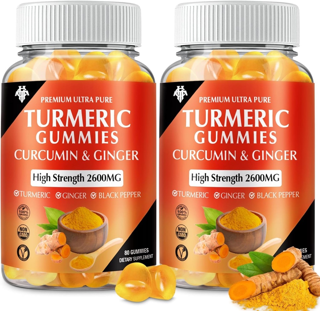 Gummie curcumina curcuma curcuma con Ginger & Black Pepper Vegan Pectin Formula per Boost immunitario, pelle sana e supporto articolare Integratore masticabile per adulti e adolescenti (2-Pack)